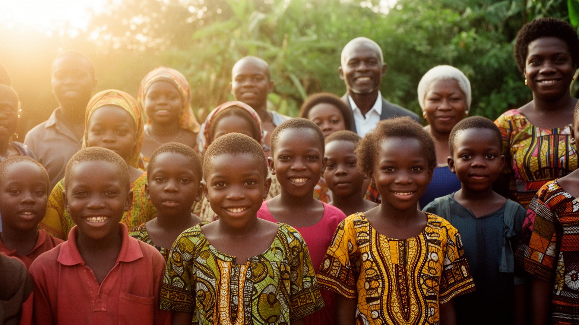Nigerian community members standing together in the warm light
